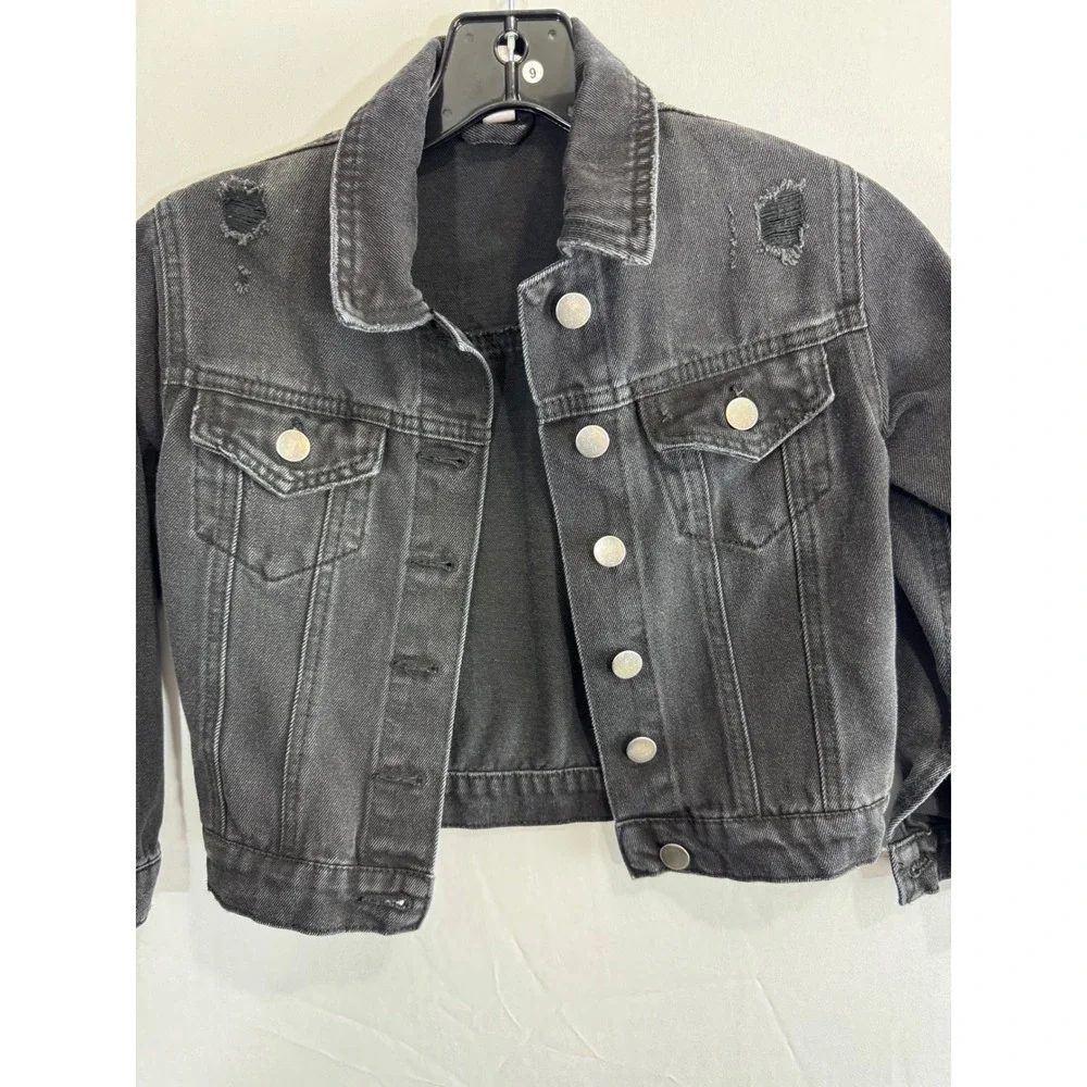 Franki by Francesca's Girls Washed Black‎ Distressed Denim Jacket Size 7 Cropped